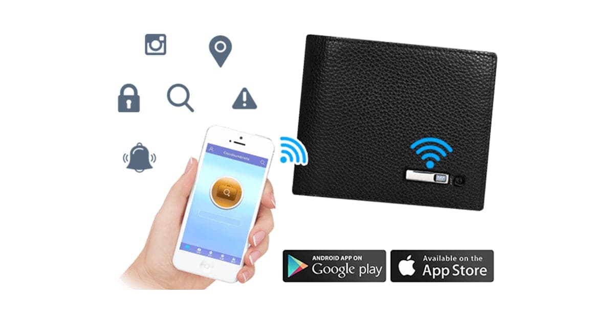 Black leather Louis Blanc Smart-Wallet bifold with a small Bluetooth module, beside a hand holding a phone app and icons for alerts and location