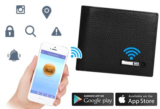 Black textured leather Louis Blanc Smart-Wallet with a small module, beside a hand holding a phone app and icons for alerts, location and camera