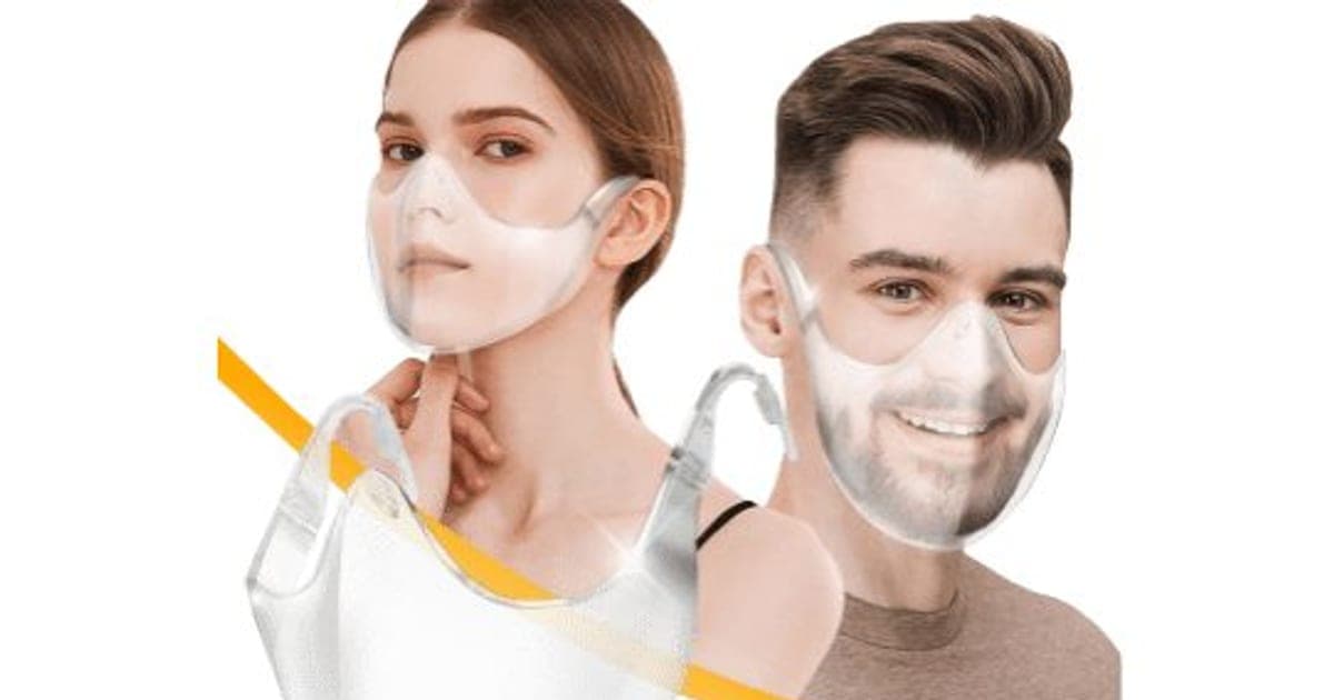 Woman and smiling man each wearing a clear LucidShield plastic shield over the nose and mouth, with a loose shield in front