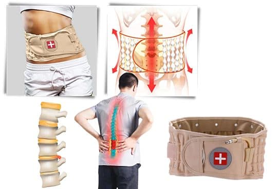 Collage of a woman wearing the beige belt, a diagram of inflated columns stretching the spine, a man holding his lower back and a spine model, and the belt laid out