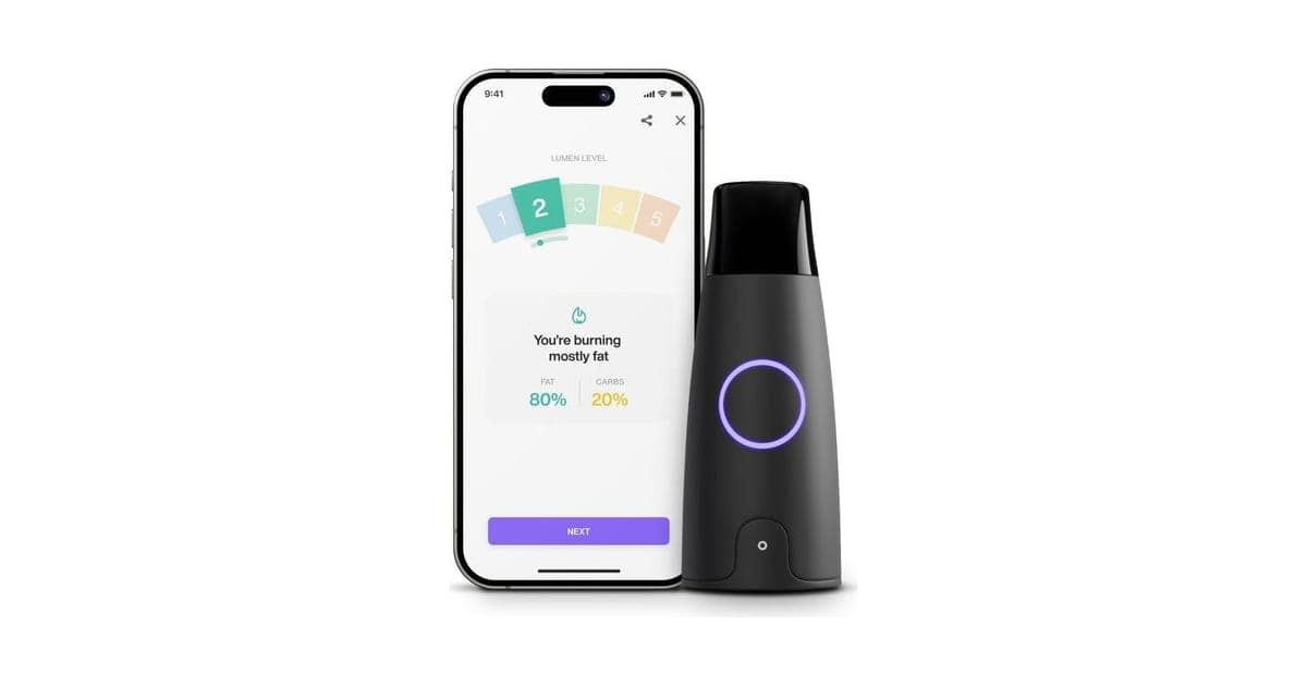 Black Lumen breath device with a purple ring next to a phone showing a fat-burning score in the app