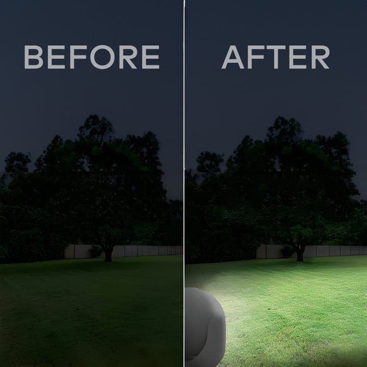 Before and after photos of a dark lawn and the same lawn lit by a Lumenology light