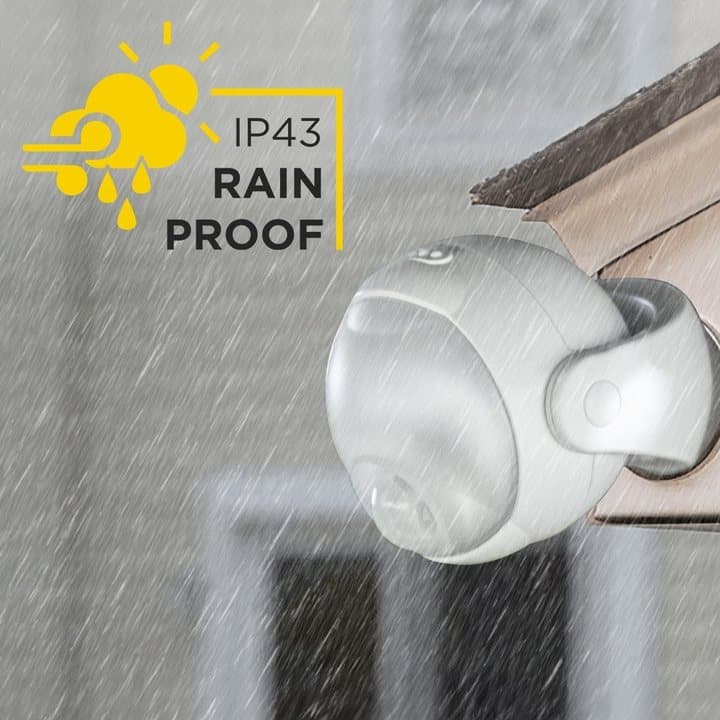 Lumenology light mounted under a roof edge in the rain with an IP43 rainproof label
