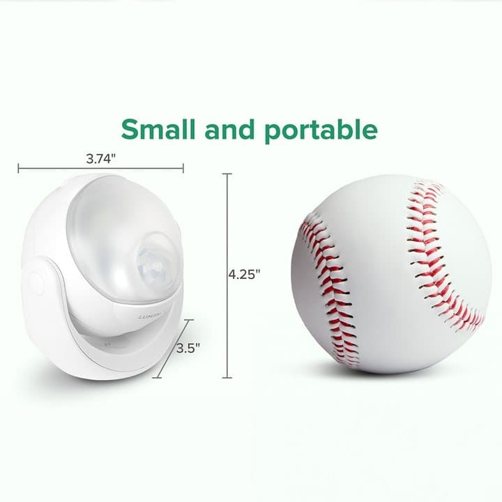Lumenology light shown next to a baseball with dimensions of 3.74, 4.25 and 3.5 inches