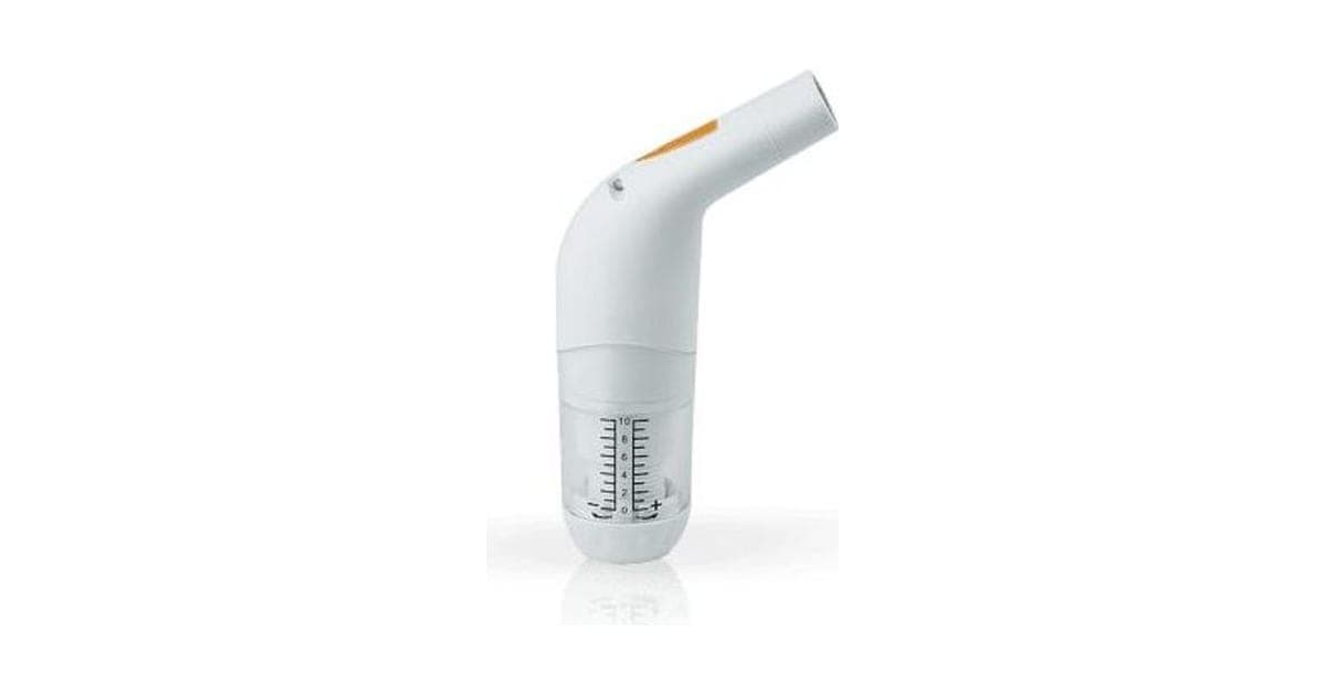 White LungMaster breathing trainer with an angled mouthpiece, an orange band and a clear base marked 0 to 10
