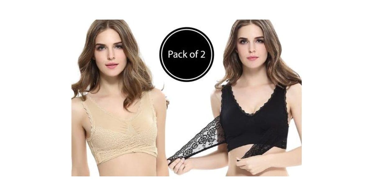 Two women wearing LuxBra lace bras in nude and black, one opening the black front panel to show the cross design, with a Pack of 2 label