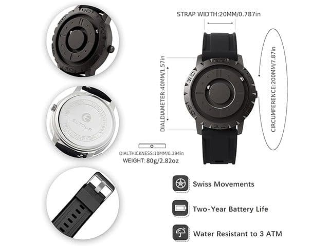 MagWatch spec graphic showing 40 mm dial, 10 mm thickness, 80 g weight, 20 mm strap, a caseback marked Eutour and labels for Swiss movement, two-year battery and 3 ATM