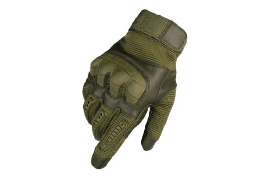 Olive MasterGloves glove seen from the back, showing a rubber knuckle shell, vented finger strips and a ribbed wrist panel with a strap