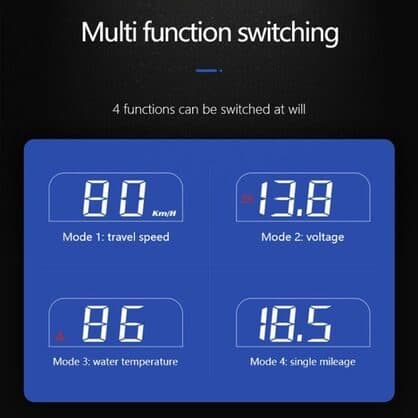 Four display panels labelled travel speed 80, voltage 13.8, water temperature 86 and single mileage 18.5, under the heading multi function switching
