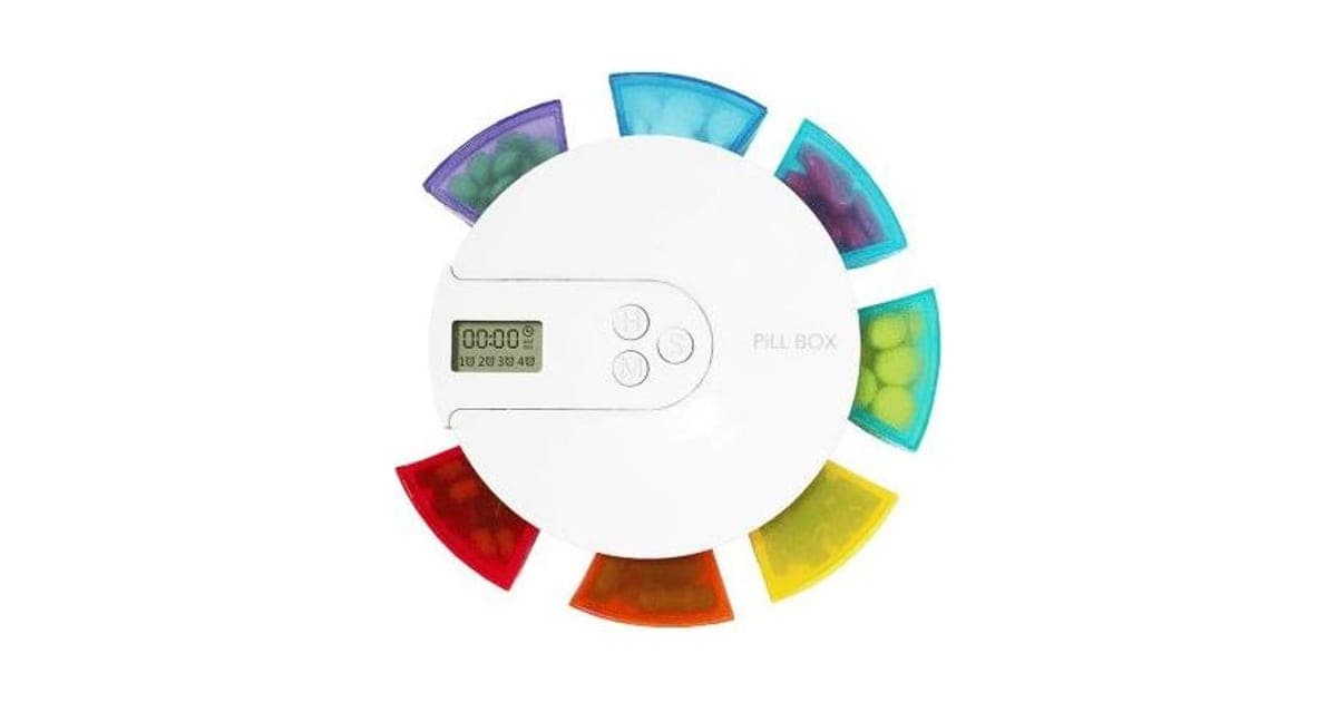 White round MedReminder pill box with a digital timer display and seven colourful compartments filled with tablets around the edge