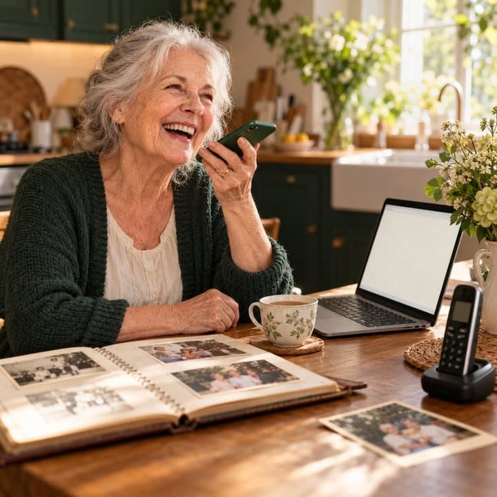 Older woman laughing while talking on a cordless phone at a kitchen table with photo albums
