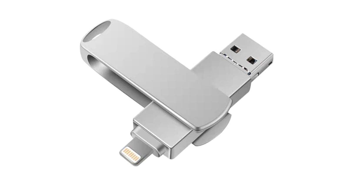 Silver MemorySafeX swivel flash drive with a Lightning plug at one end and a USB-A plug at the other