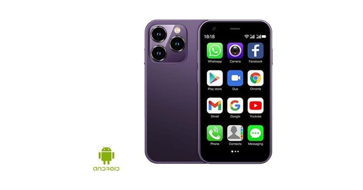 Purple MiniPhoneX seen back and front, with a triple-lens camera bump and a small screen of app icons including WhatsApp, YouTube and Chrome