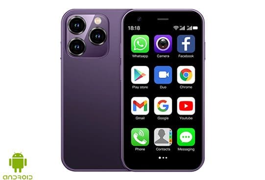 Purple MiniPhoneX with a square camera bump behind its small screen showing Google, Gmail, Play Store and other app icons, and an Android logo