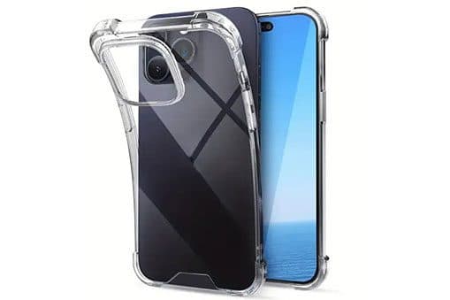 Clear phone case with reinforced corners shown with a full-size phone