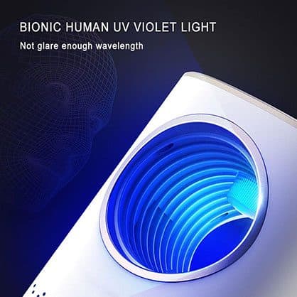 Close-up of a white mosquito lamp's blue violet light tunnel beside a wireframe face, used to advertise the Moskitron LED bionic light upgrade