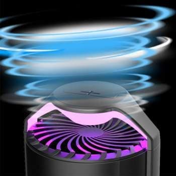 A black mosquito lamp with a pink lit fan grille and swirling air graphics, used for the Moskitron LED brushless fan add-on