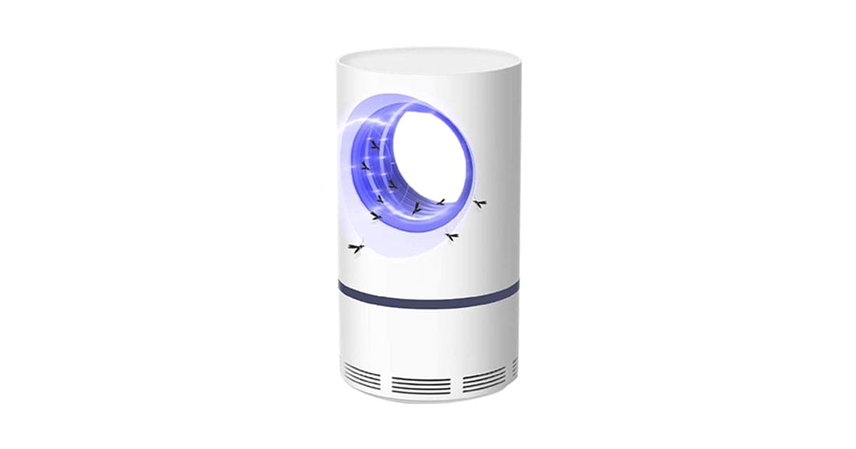 White cylindrical Moskitron LED mosquito lamp with a glowing violet light ring near the top