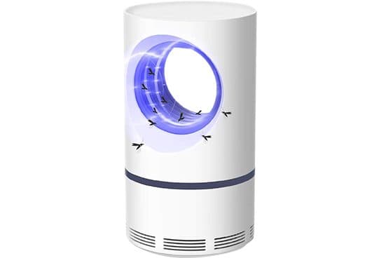 Moskitron LED white mosquito lamp with its violet UV ring lit and insects drawn around the opening