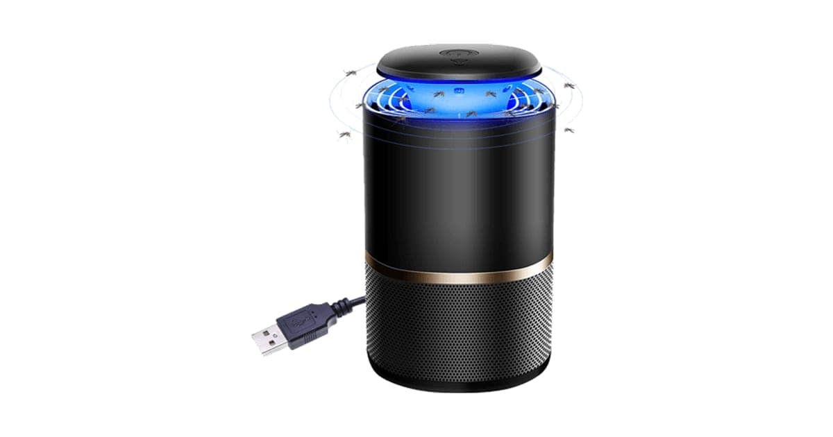 Black cylindrical Mosquitron UV insect trap glowing blue at the top, with a USB cable