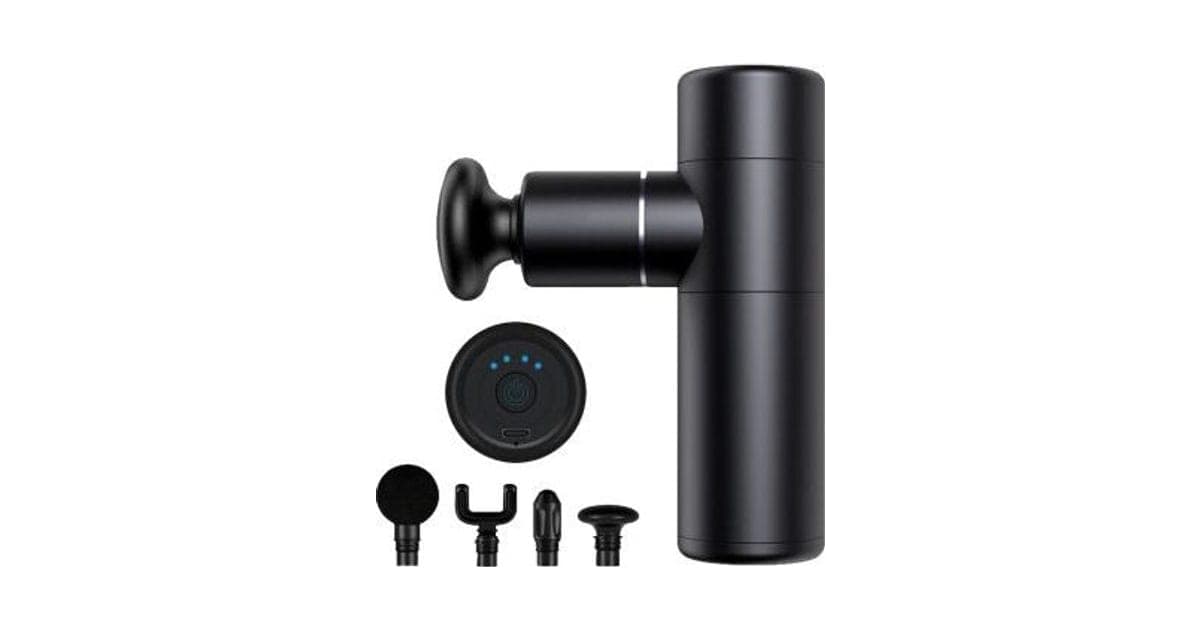 Black MuscleRelax Pro mini massage gun with a round head, a control panel with blue lights and four interchangeable heads