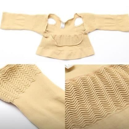 Beige MyCorrector Pro laid flat from the back, with close-ups of the wavy textured knit on the sleeves and back panel