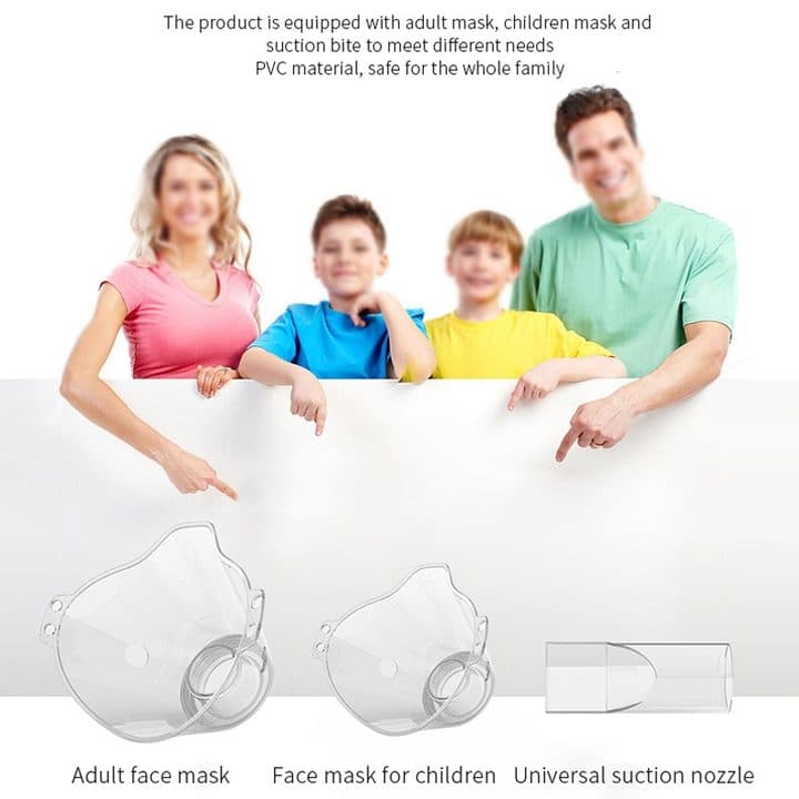 A family of four above three clear accessories labelled adult face mask, face mask for children and universal suction nozzle