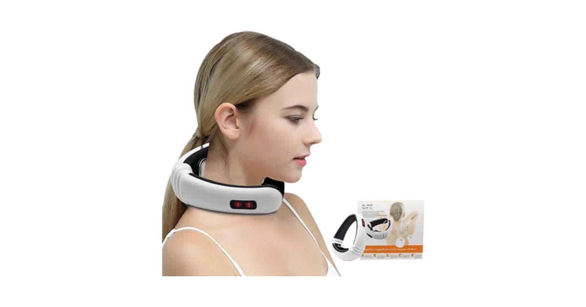 A woman wearing the white NeckMassager collar around the back of her neck, with the product box beside her