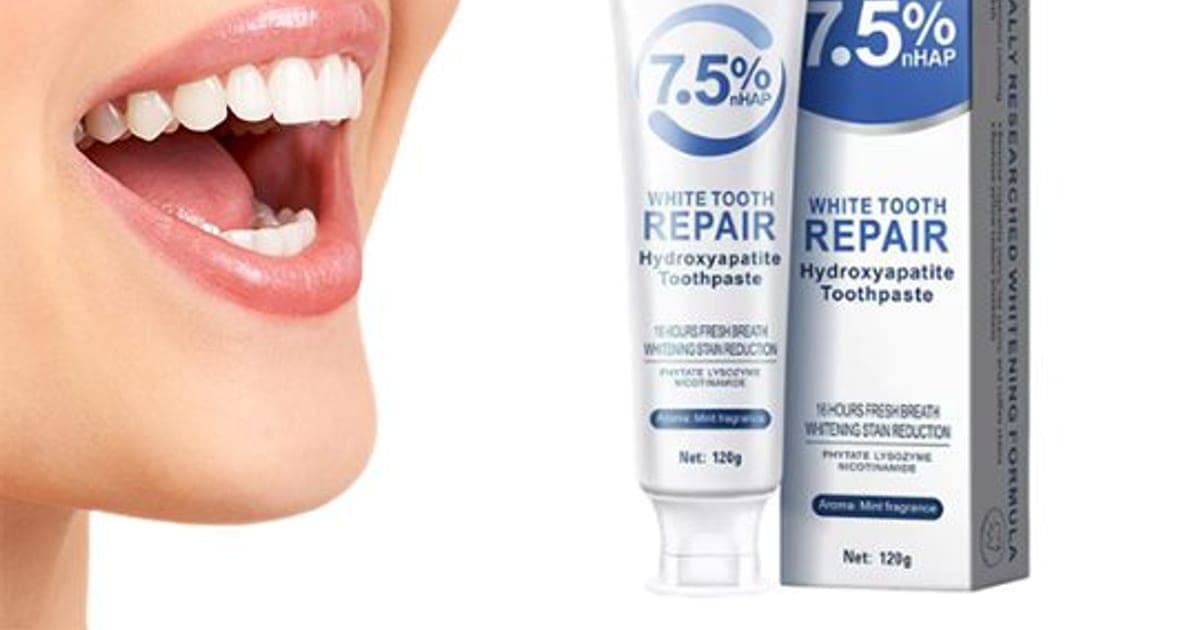 Croent White Tooth Repair 7.5% nHAP hydroxyapatite toothpaste tube and box beside a smiling mouth