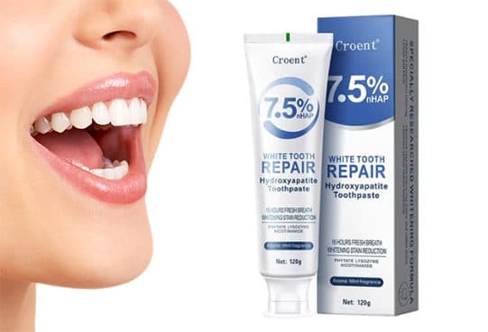 120 g tube and box labelled Croent White Tooth Repair Hydroxyapatite Toothpaste, 7.5% nHAP, with phytate, lysozyme and nicotinamide