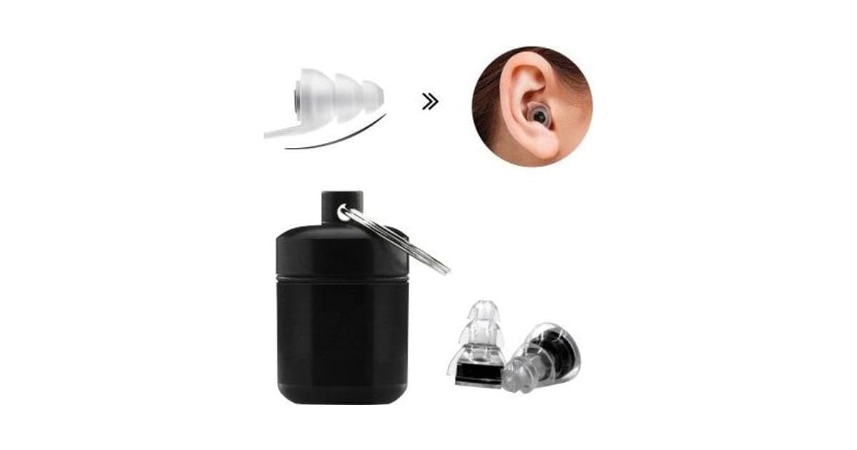 NoiseBudsX clear triple-flange earplugs beside a black key-ring case, with a close-up of one fitted in a woman's ear