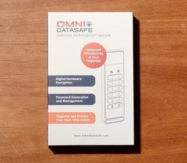 Omni DataSafe retail box listing hardware encryption and password management