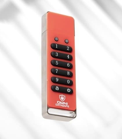 Front of the red Omni DataSafe drive showing its number keypad and LED lights