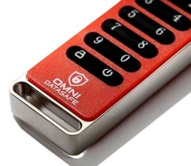 Close-up of the Omni DataSafe keypad buttons and metal casing