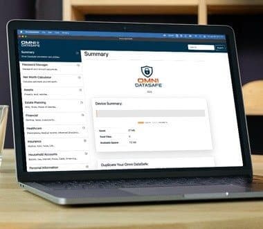 Laptop screen showing the Omni DataSafe organiser software with categories such as passwords and estate planning