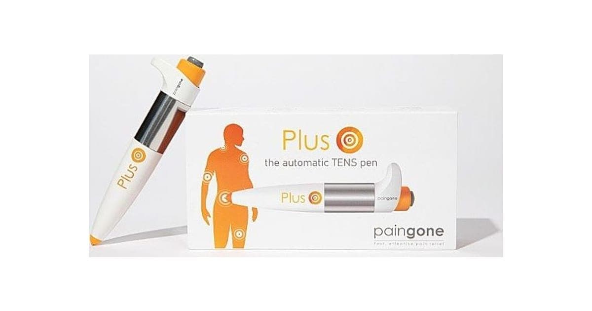 White and orange Paingone Plus TENS pen next to its retail box