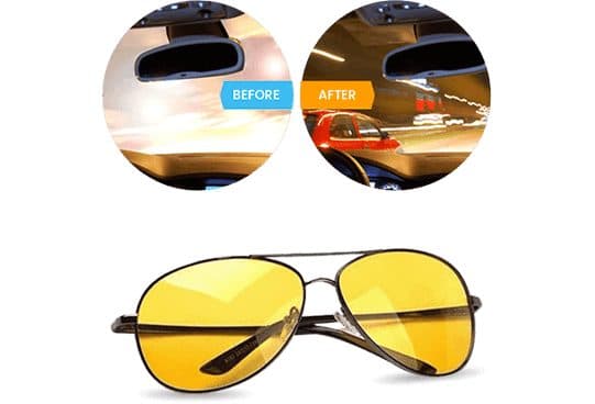 Yellow-lensed aviator night driving glasses below before and after photos of night traffic