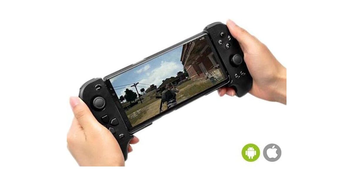 Black PlayX Pro controller with two grips clamped around a phone showing a shooting game, held in two hands, with Android and Apple logos