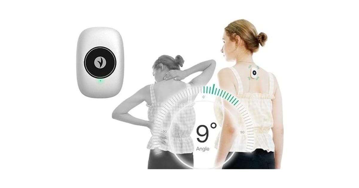 White oval PostureRemind Pro sensor beside two views of a woman's back, one slouching and one upright with the sensor on her upper back and a 9 degree angle dial