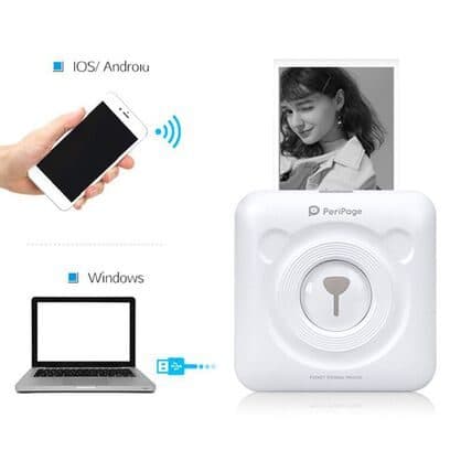 PrintX Pro printing a black and white portrait, with a phone connected by wireless and a laptop connected by USB, labelled iOS, Android and Windows