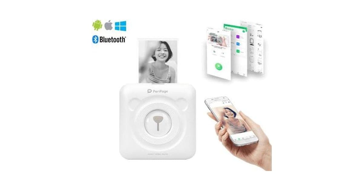 White PrintX Pro pocket printer with bear-ear corners printing a black and white photo of a smiling woman, with a phone and app screens