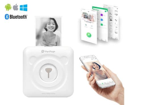 White square PrintX Pro printer marked PeriPage printing a black and white photo, with Android, Apple, Windows and Bluetooth logos, app screens and a phone