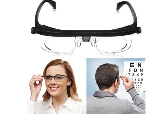 Black ProperFocus glasses with round adjustment dials at each hinge and clear lenses, above photos of a smiling woman wearing them and a man turning a dial while reading an eye chart