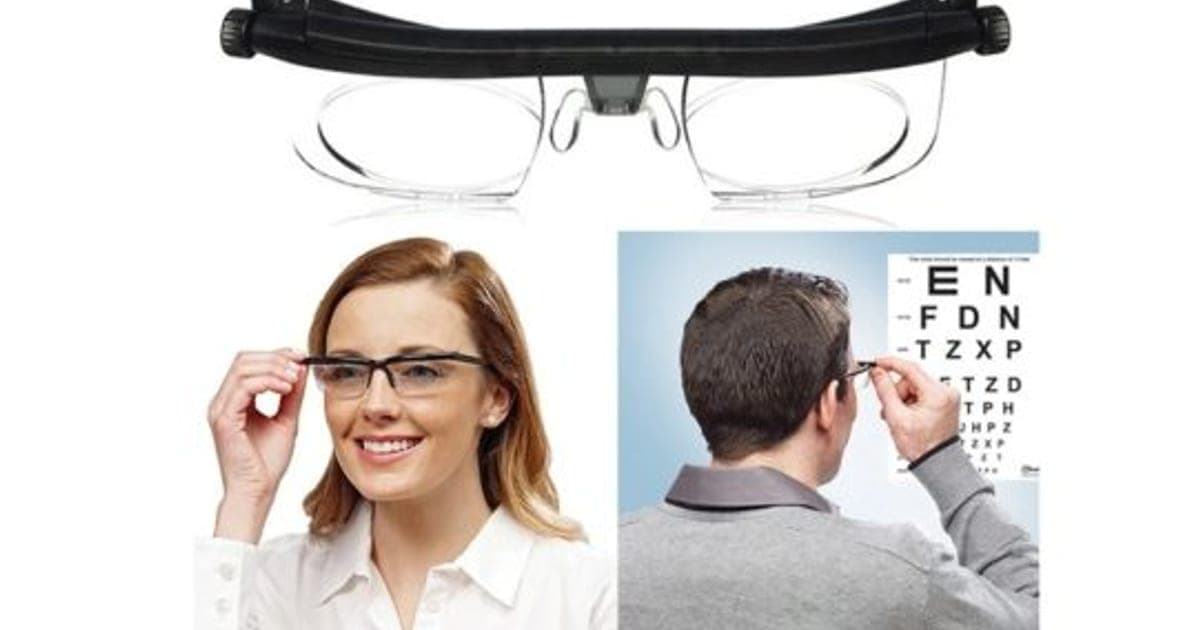 ProperFocus black adjustable glasses with dials on each side, above a woman and a man adjusting them in front of an eye chart