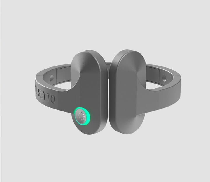 Grey Pulsetto neckband on a light background showing its two electrode pads