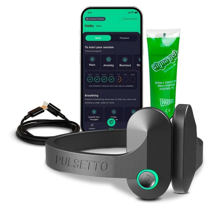 Pulsetto neckband, phone with the app, charging cable and a tube of conductive gel