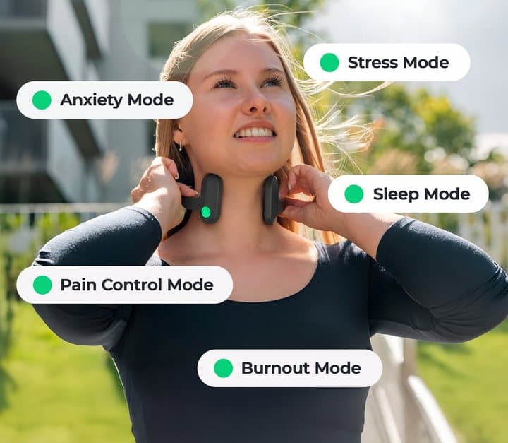 Woman adjusting a Pulsetto neckband with labels for anxiety, stress, sleep, pain control and burnout modes