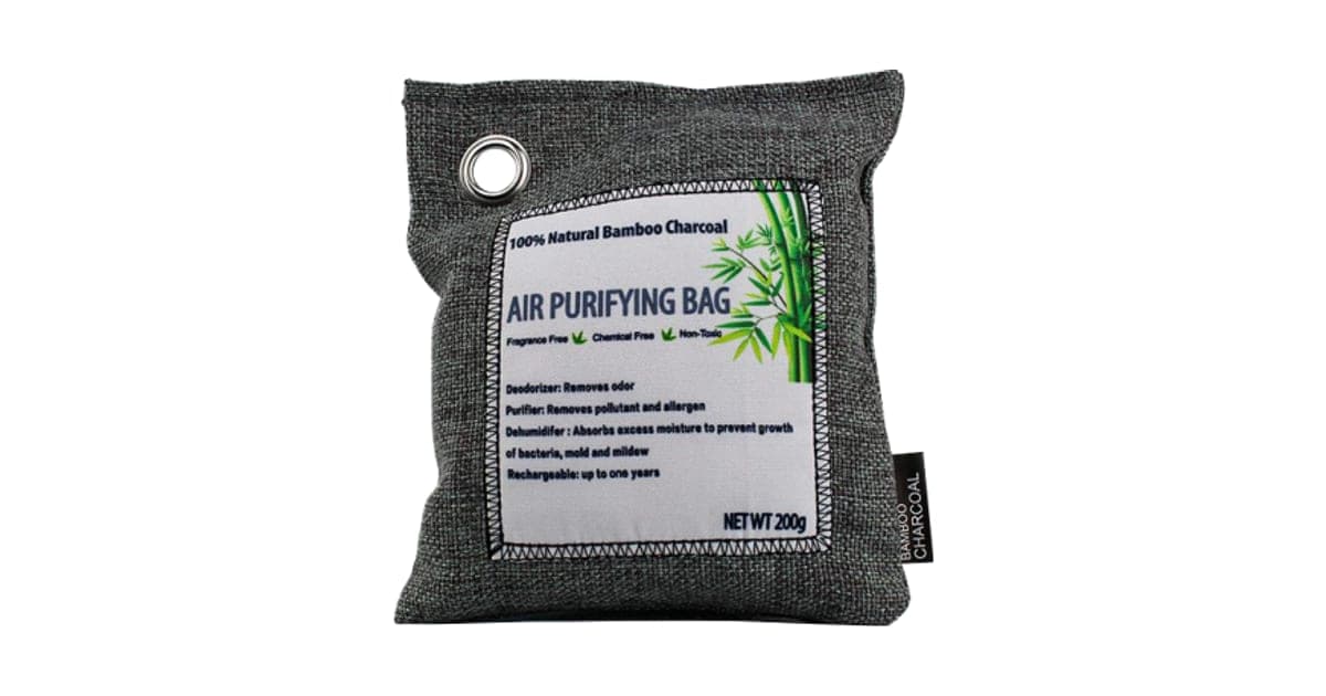 Grey linen PureAir Max bamboo charcoal bag with a white label reading air purifying bag, 100% natural bamboo charcoal, net weight 200g