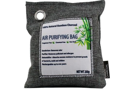PureAir Max grey linen bag with a metal eyelet and a label listing deodorizer, purifier, dehumidifier and rechargeable up to one year, net weight 200g