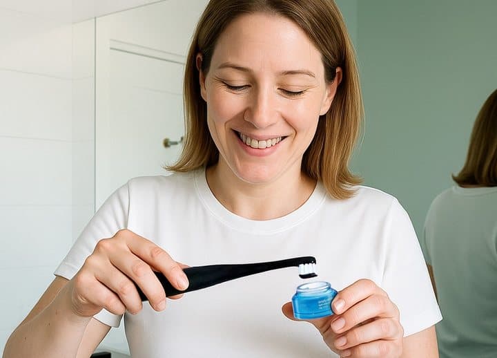 Woman applying PurelyWHITE powder to an electric toothbrush in a bathroom
